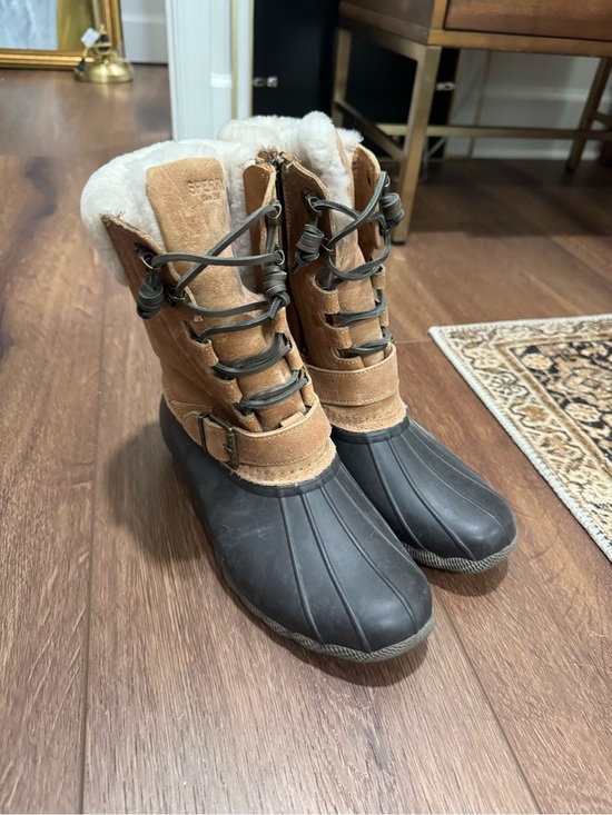 Sperry Shoes - Sperry Womens Tan Suede Black Waterproof Duck Boots Shearling STS95917 Size 8.5